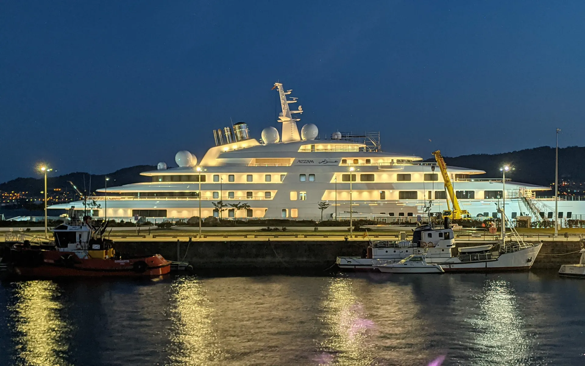 Azzam (180m, Lürssen 2013), the world's longest superyacht, at the Lürssen yard in Bremen